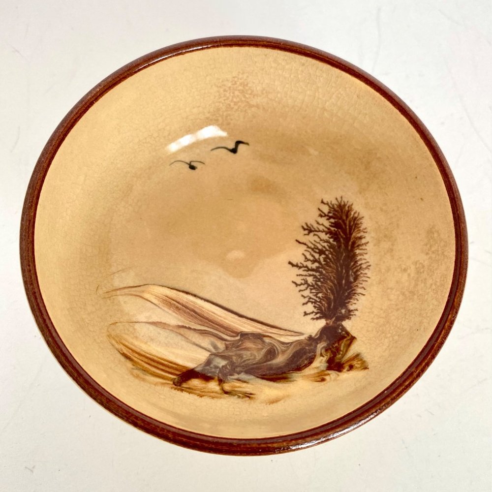 Handmade Stoneware Rice Bowl Signed AJ 16 With Scenic Tree Bird Design Beige